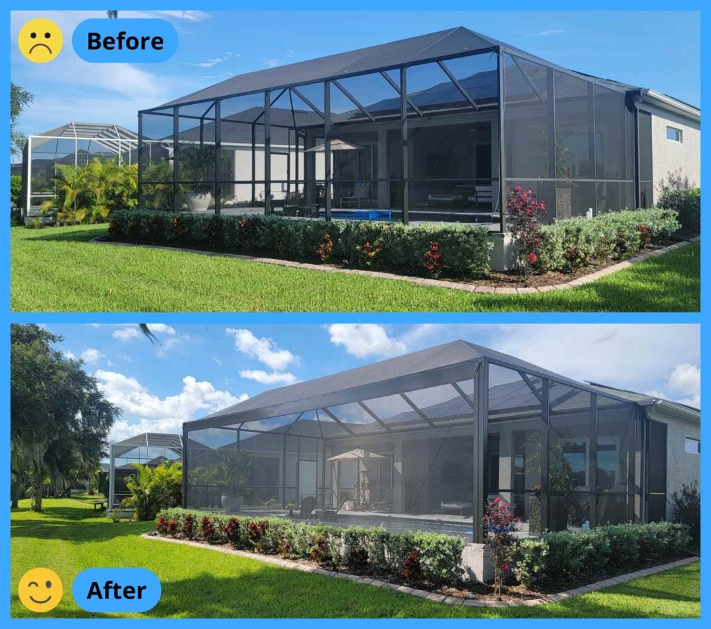 Before and after of a pool cage converted to Clear View design — open and modern look in Florida backyard.
