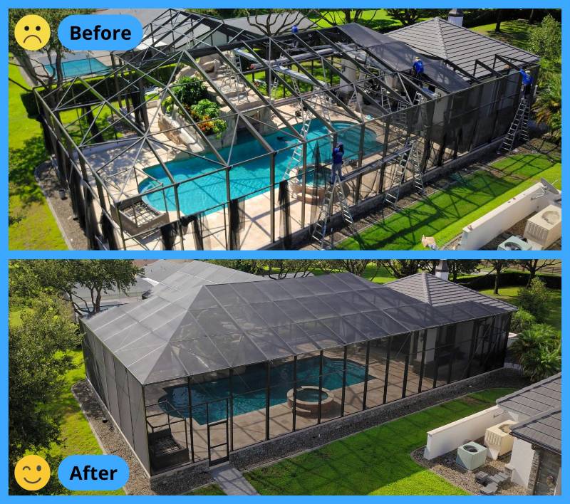 Before and after pool cage rescreening project in Florida — updated mesh, restored structure, and cleaner finish.