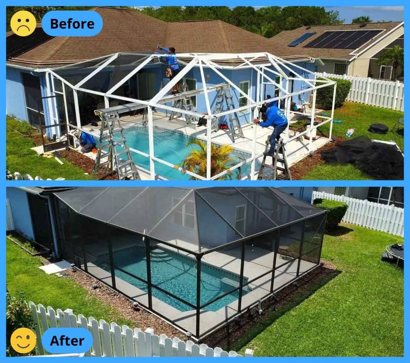 Before and after of a pool cage restoration project in Florida featuring new paint, upgraded fasteners and anchors, and hurricane-resistant reinforcements.